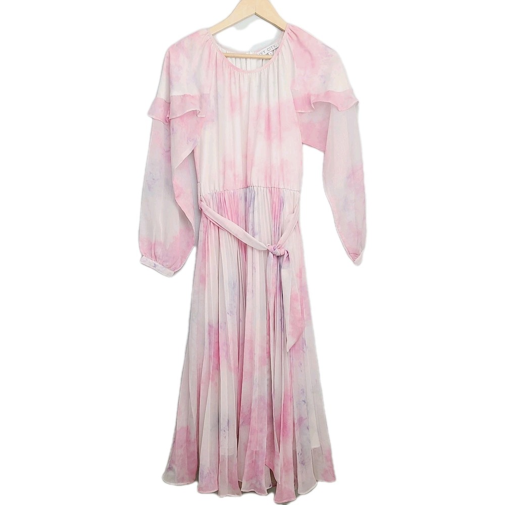 Ivy City Co Lovers Dress S Pink White Chiffon Pleated‎ Long Sleeve Ruffle Midi - Picture 2 of 11